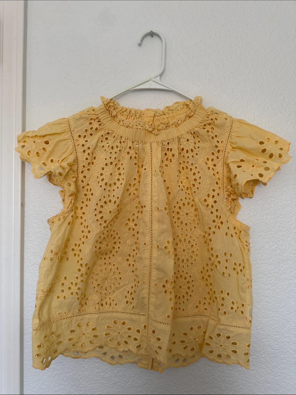 Women's Yellow Eyelet Ruffle Neck Blouse